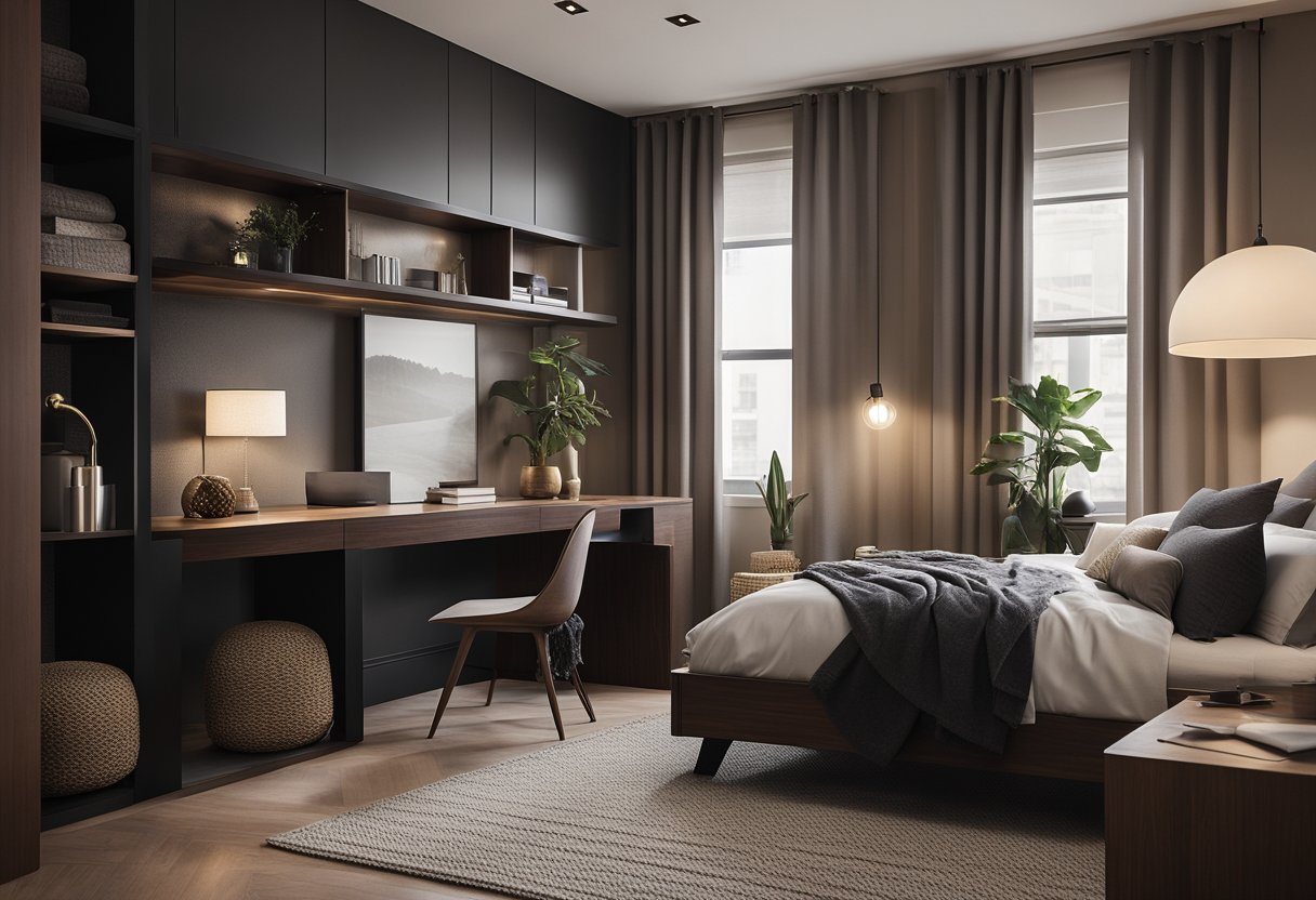 A modern, minimalist male bedroom with dark wood furniture, a neutral color palette, geometric patterns, and a cozy reading nook