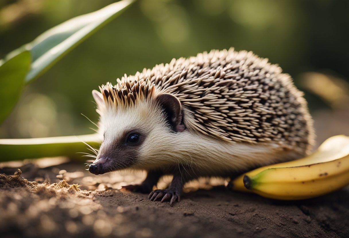 A hedgehog munches on a ripe banana, its tiny paws holding the fruit steady as it takes small bites
