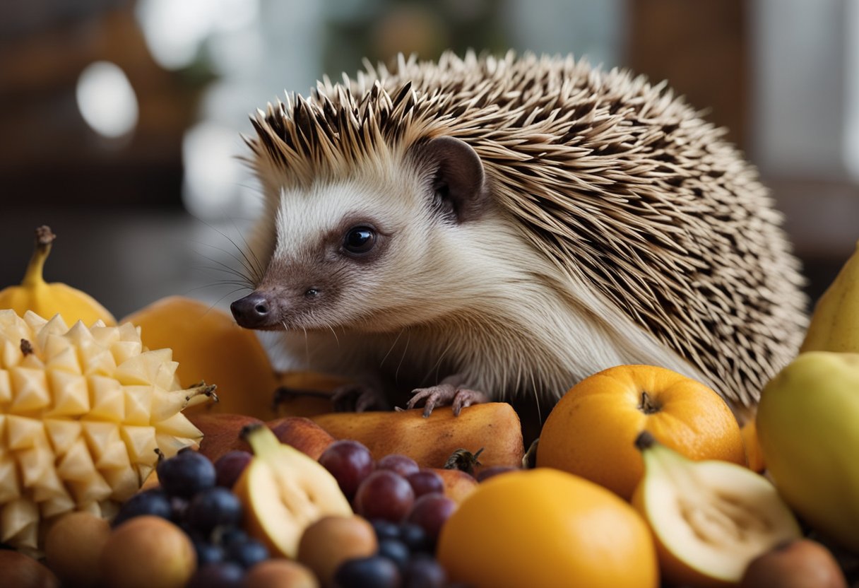 A hedgehog sits in front of a pile of fruits, including a banana. It sniffs the banana with curiosity, its quills raised in interest