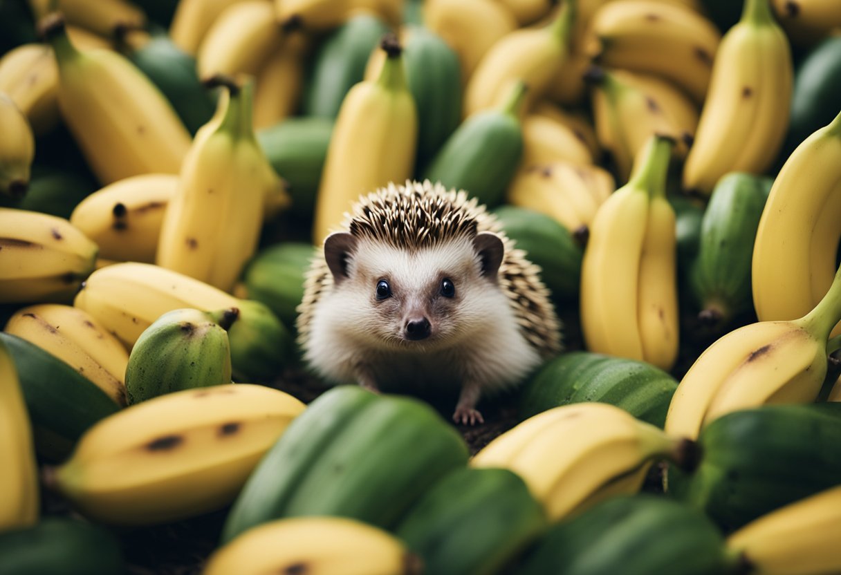 A hedgehog surrounded by bananas, with a question mark hovering above its head
