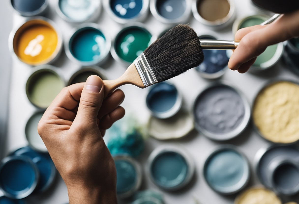 A hand dips a brush into various pots of textured paint, testing swatches on a wall to find the perfect design for a living room