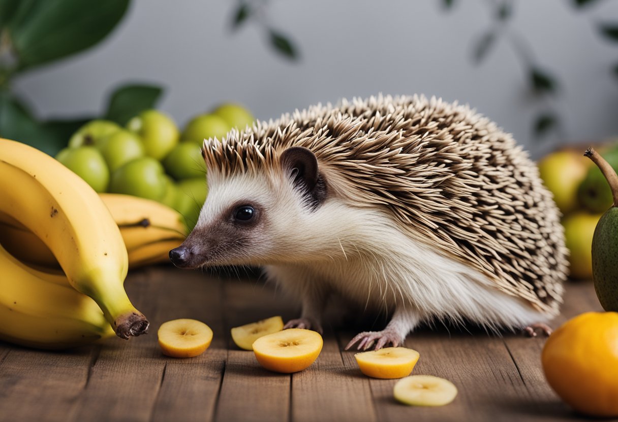 A hedgehog surrounded by various fruits, with a banana in front of it