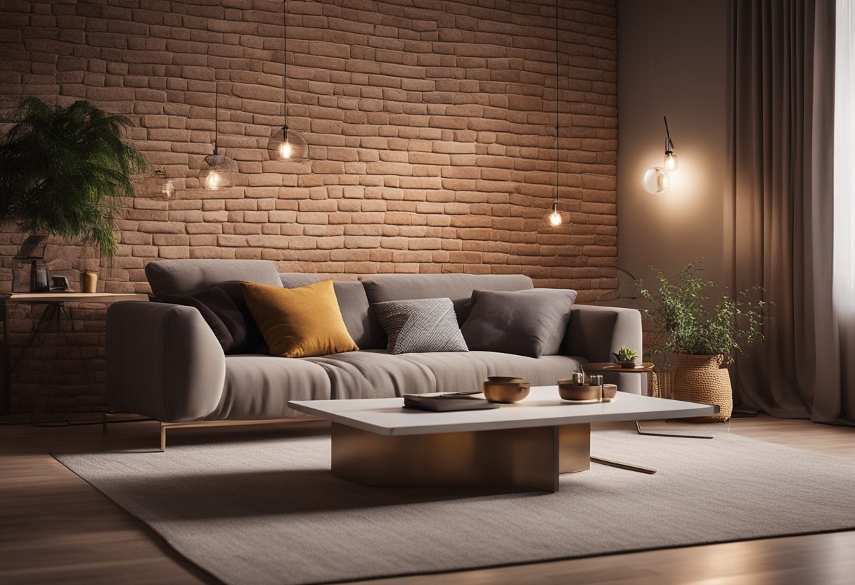 A cozy living room with a focal brick wall, adorned with minimalist decor and warm lighting, creating a modern and inviting atmosphere