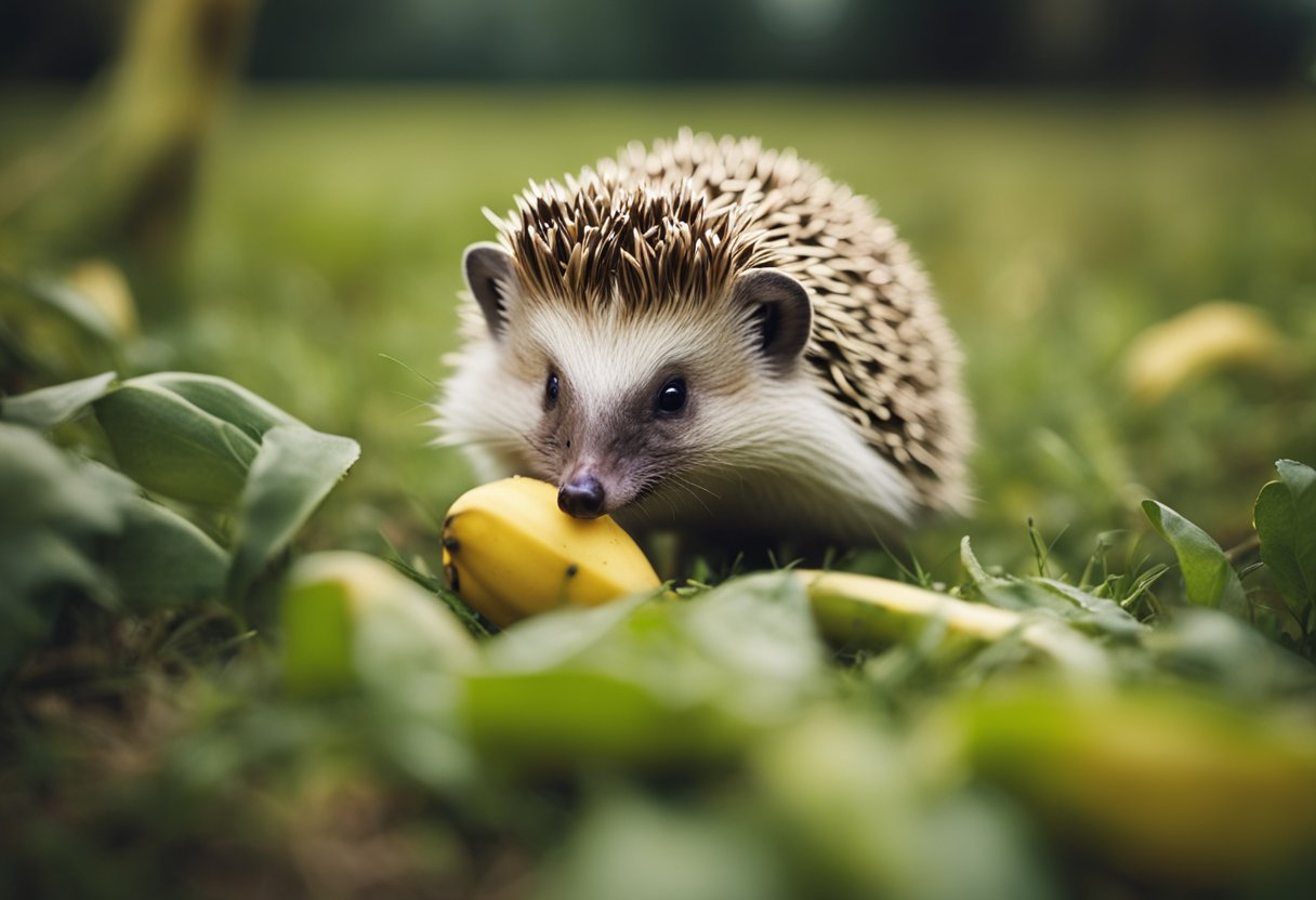 A hedgehog sniffs a ripe banana, its tiny nose wrinkling in curiosity