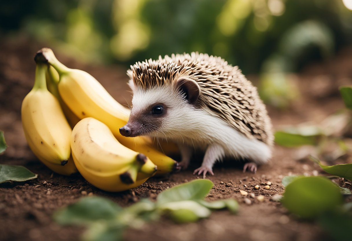A hedgehog surrounded by bananas, looking curious and sniffing the fruit