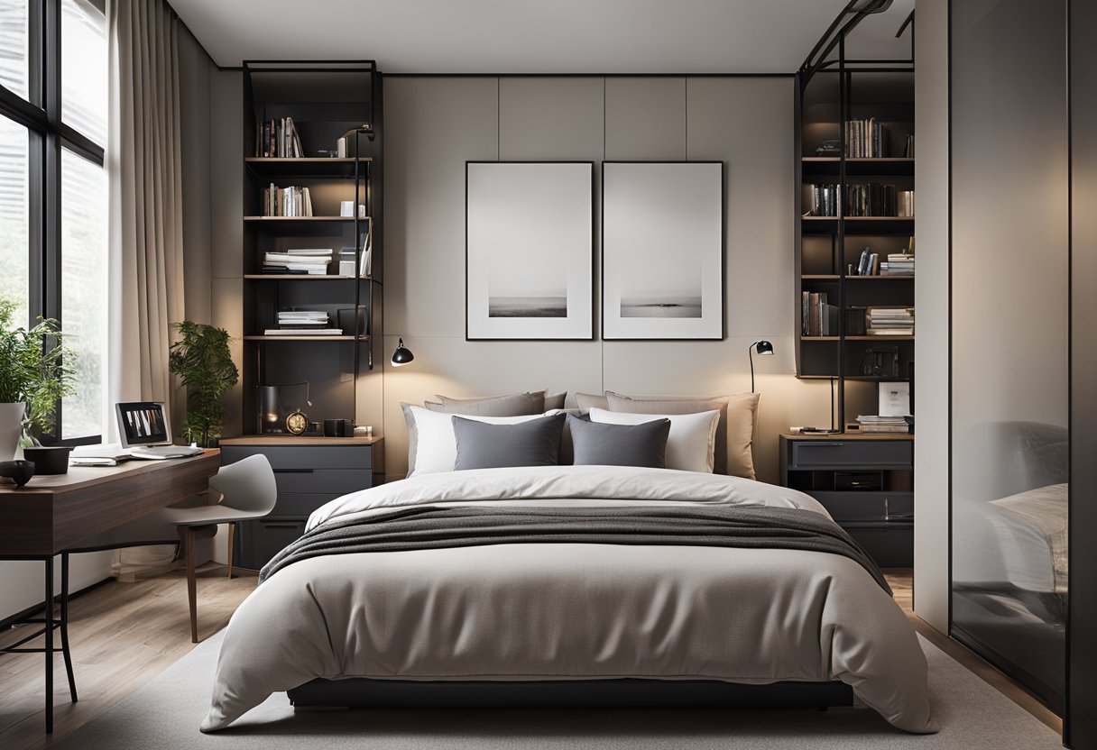 A modern, minimalist male bedroom with clean lines, a neutral color palette, and sleek furniture. A large, comfortable bed takes center stage, while a desk and bookshelf occupy the corner
