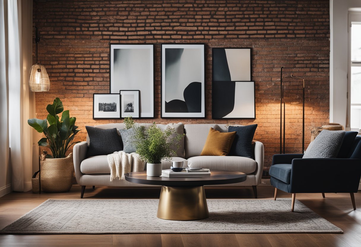 A cozy living room with exposed brick walls. A plush sofa, a vintage rug, and a sleek coffee table create a stylish and inviting space. A statement floor lamp and a collection of art prints add personality to the room