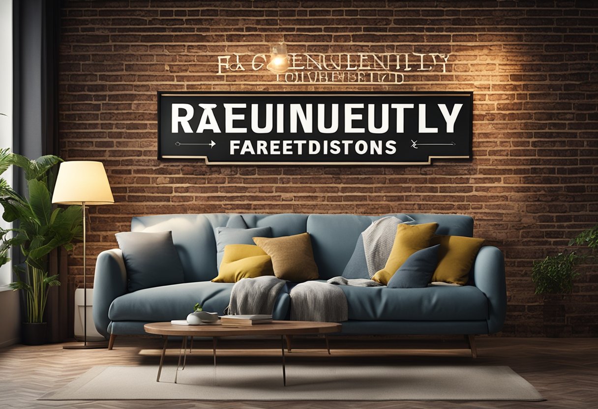 A cozy living room with a large brick wall featuring the words "Frequently Asked Questions" in bold lettering. Comfortable seating and warm lighting complete the inviting atmosphere