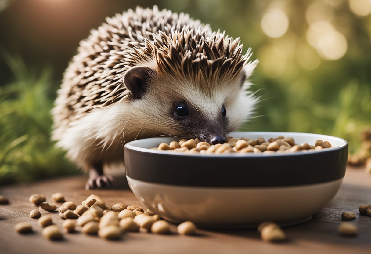 A hedgehog eagerly munches on a bowl of dog food, its tiny paws reaching out to grab the kibble