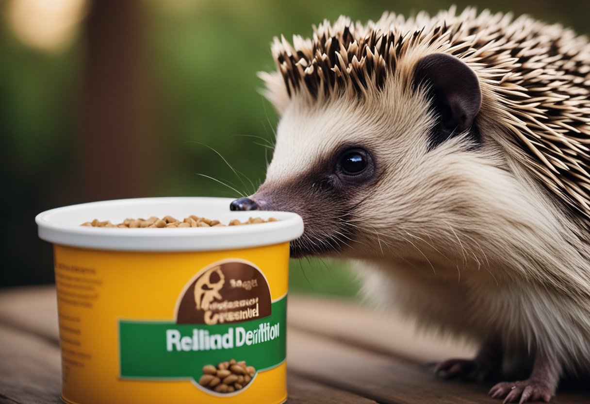 A hedgehog sits in front of a bowl of dog food, sniffing hesitantly. The label on the dog food bag is clearly visible