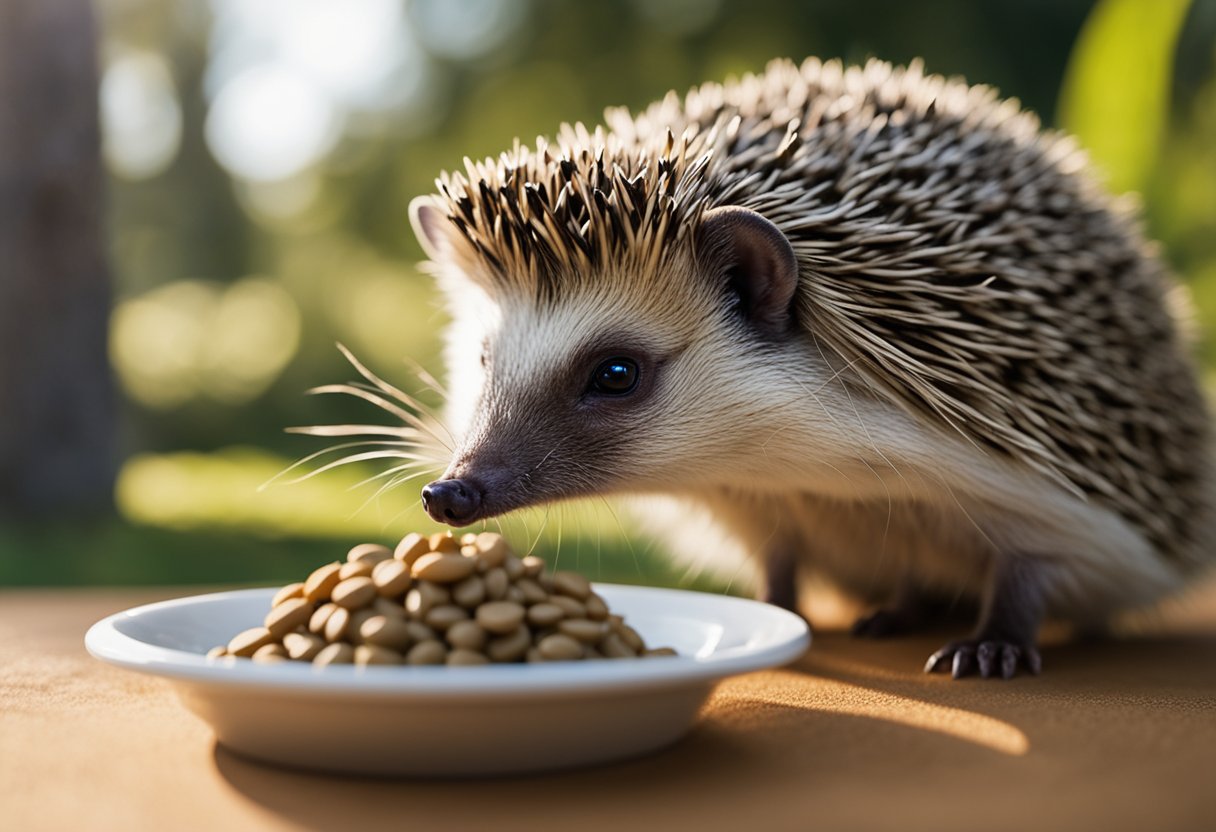 A hedgehog cautiously approaches a bowl of dog food, sniffing it with curiosity. The label "can hedgehogs eat dog food?" is visible in the background