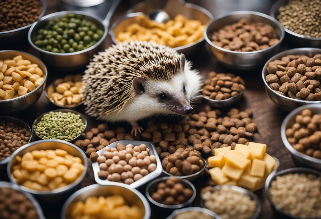 A hedgehog surrounded by various types of dog food, sniffing and tasting each one