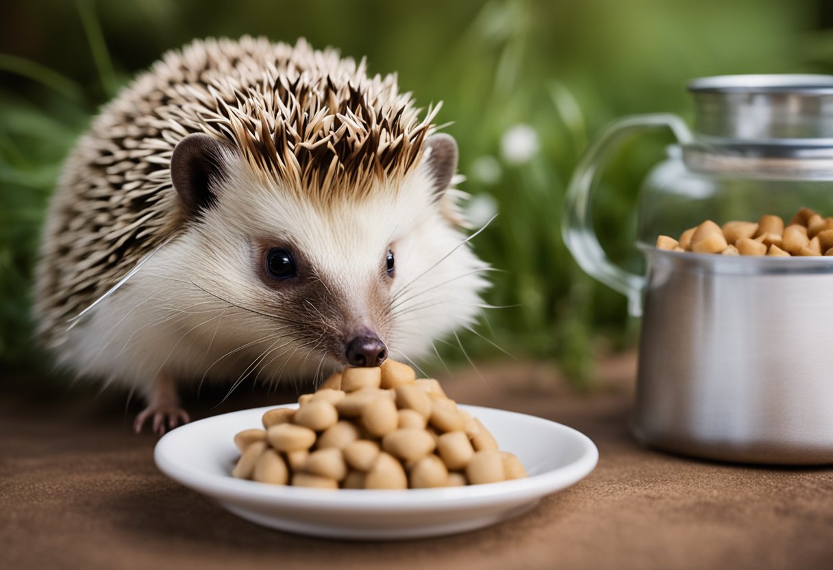 A hedgehog sniffing a bowl of dog food with a quizzical expression