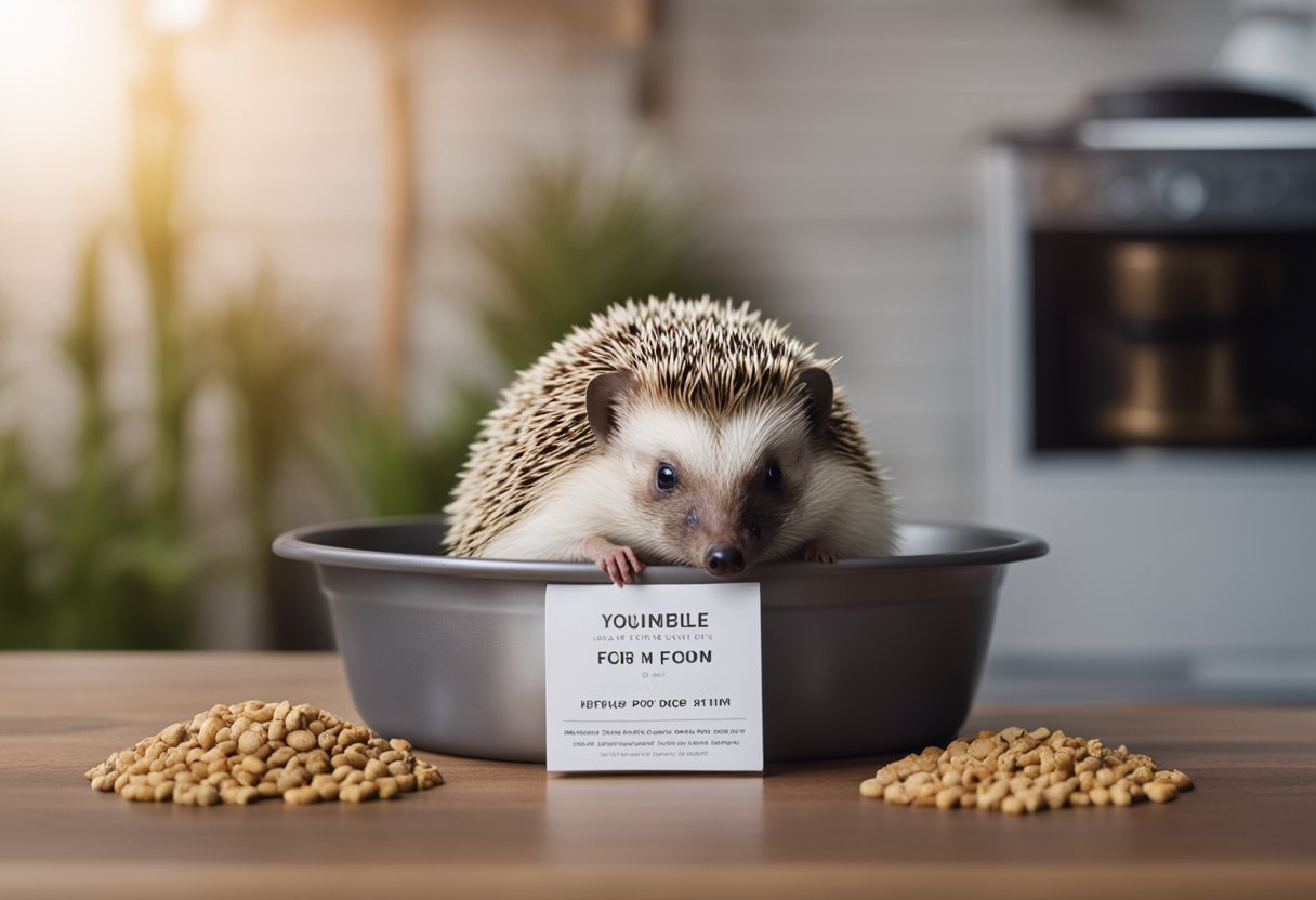 A hedgehog sits in front of a bowl of dog food, sniffing cautiously. The label on the dog food bag is visible in the background