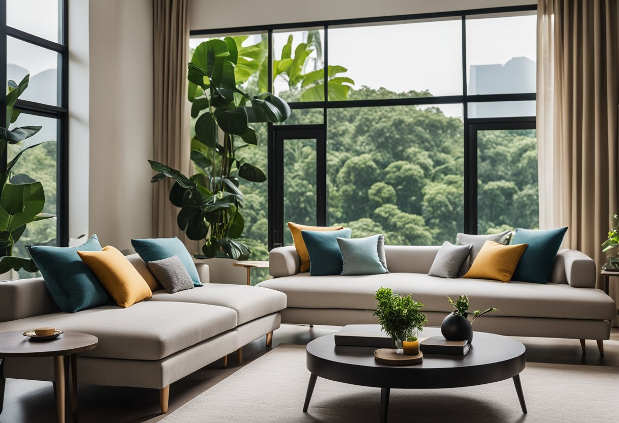 A modern living room in Chennai with a sleek sofa, vibrant accent pillows, and a contemporary coffee table. The room is bathed in natural light from large windows, with a view of lush greenery outside