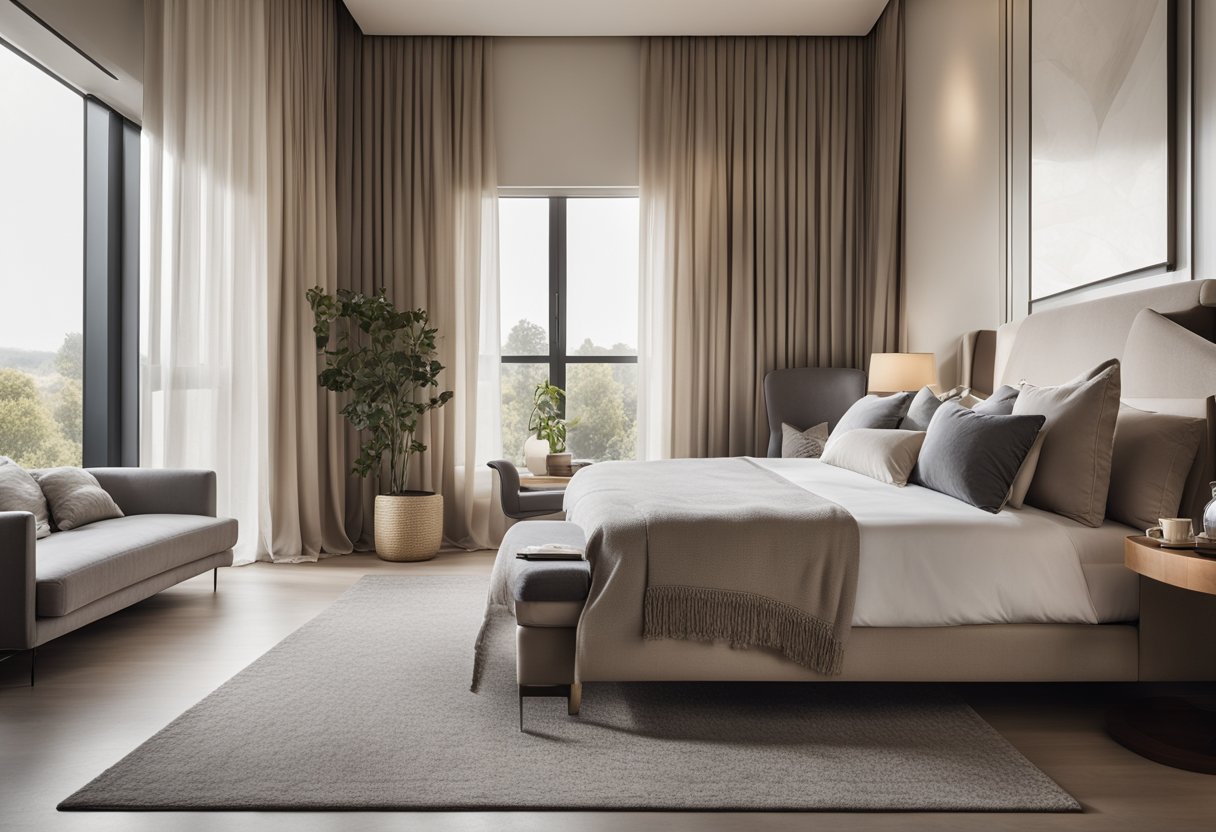 A spacious master bedroom with a king-sized bed, soft neutral-toned bedding, large windows with sheer curtains, and a cozy reading nook with a plush armchair and floor lamp