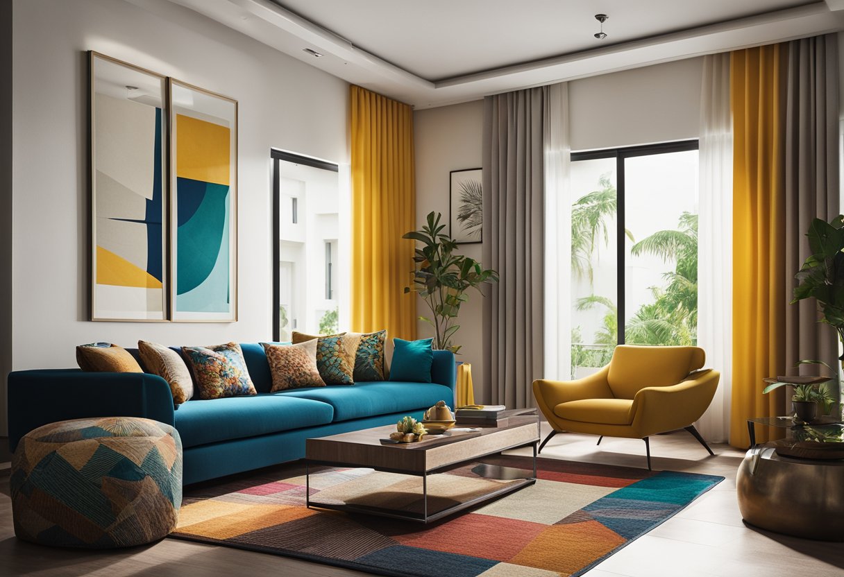 A modern Chennai living room with a cozy sofa, vibrant accent pillows, a sleek coffee table, and a stylish area rug. The room is filled with natural light from large windows, and the walls are adorned with colorful artwork