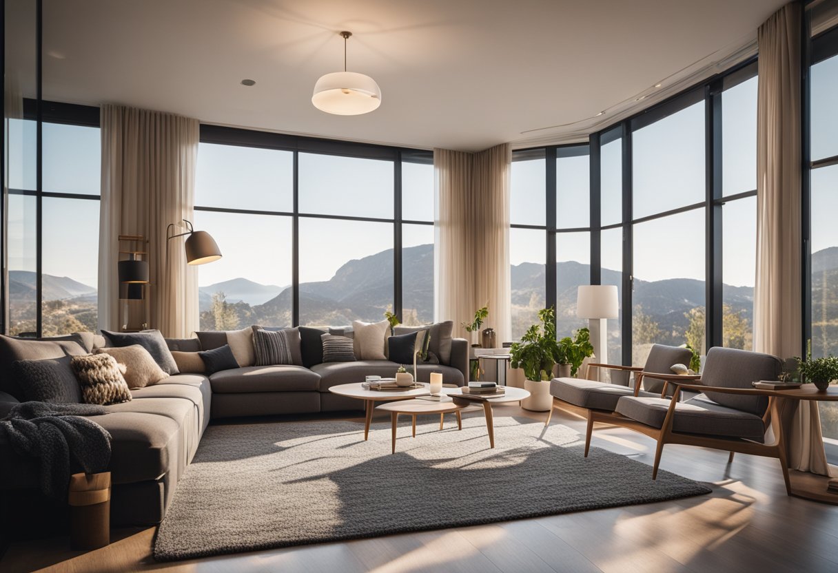 A modern living room with sleek furniture, warm lighting, and vibrant accent colors. A large window provides natural light, and a cozy rug ties the room together