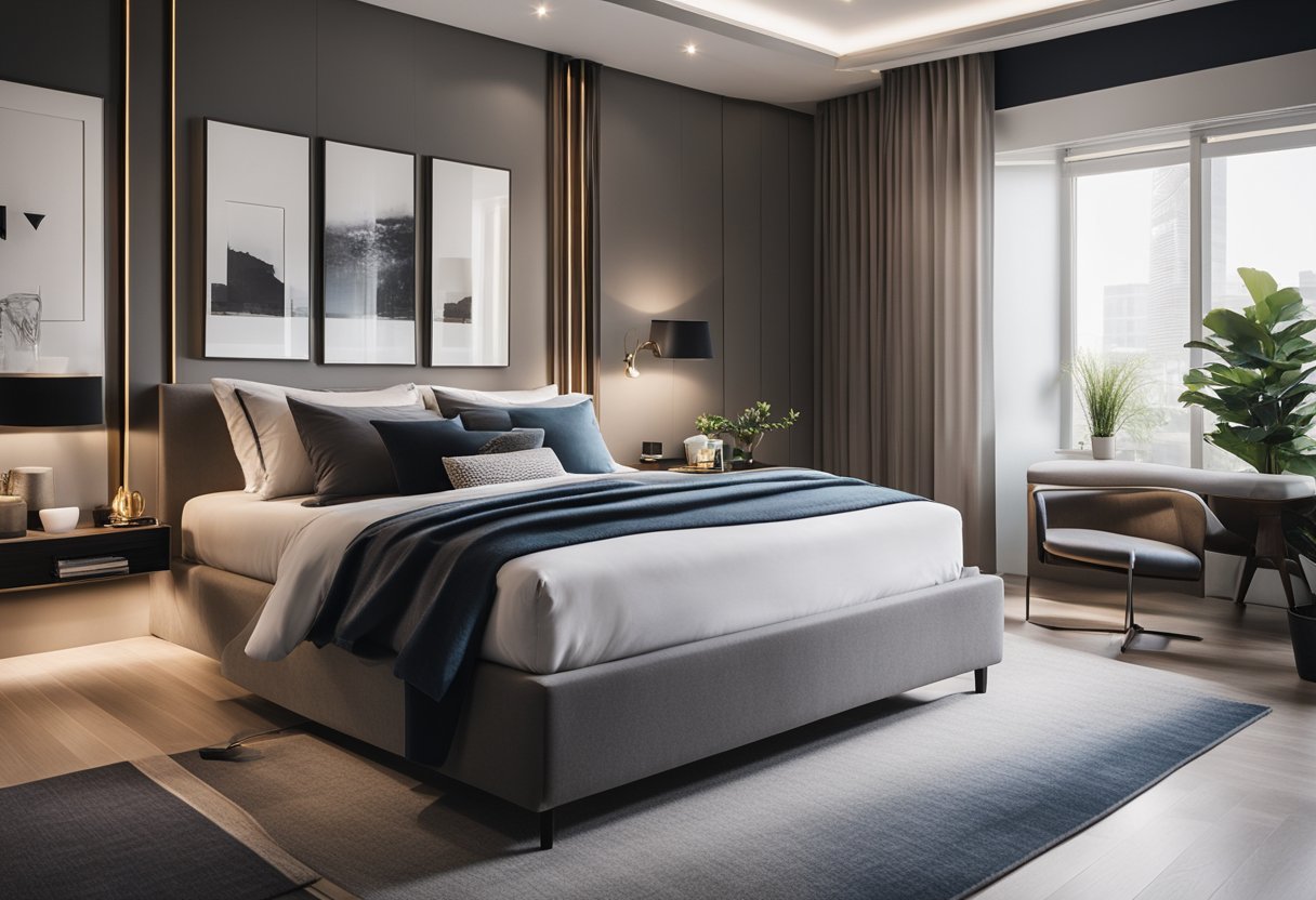 The master bedroom features a sleek, modern design with a comfortable bed, stylish nightstands, and a functional workspace