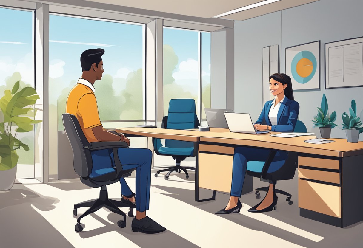 A candidate confidently enters a bright, modern office. A friendly interviewer sits across from them, ready to engage in a professional conversation