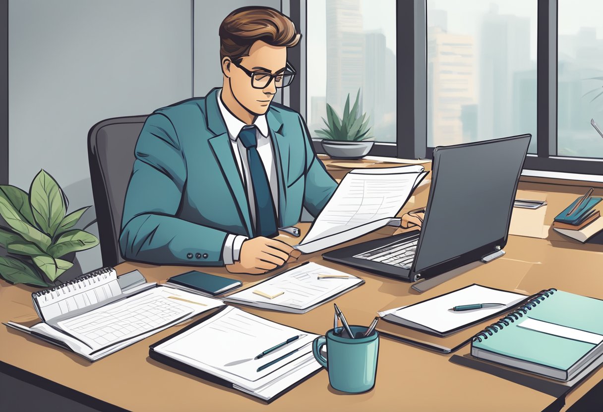 A desk with a neatly organized planner, laptop, and professional attire laid out. A confident, focused individual reviewing notes and practicing interview responses