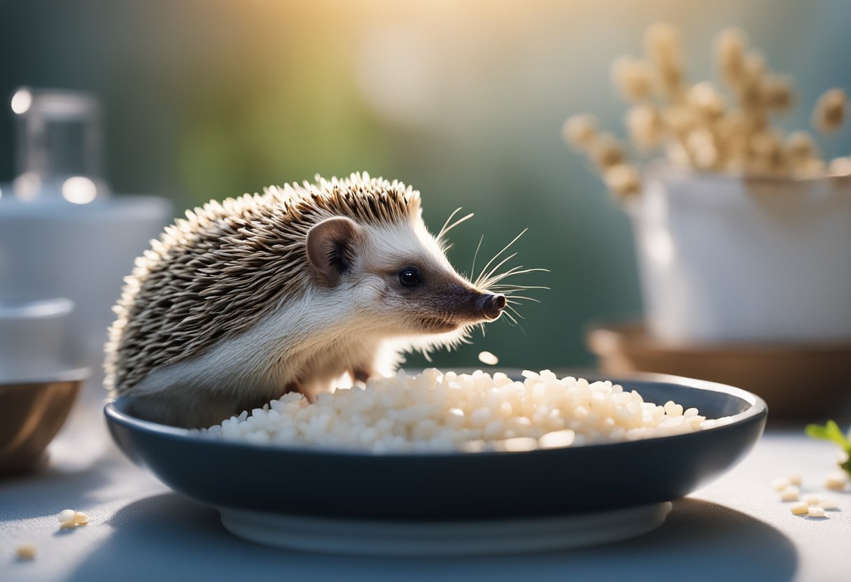 A hedgehog munches on a bowl of rice, its tiny paws holding a few grains as it nibbles contentedly