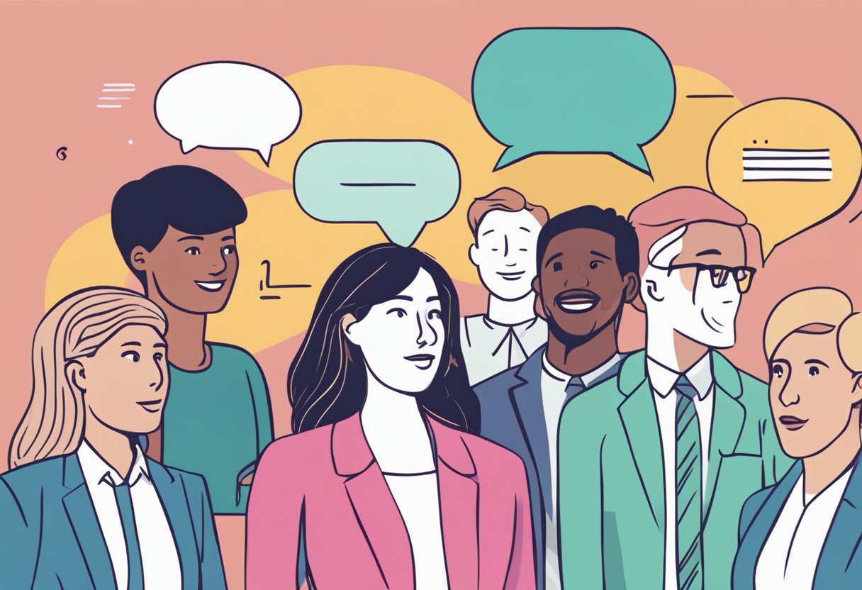 A diverse group of people engage in conversation, using hand gestures and maintaining eye contact. A speech bubble with the words "Effective Communication Best Ways to Ace Your Interviews 2024" hovers above them