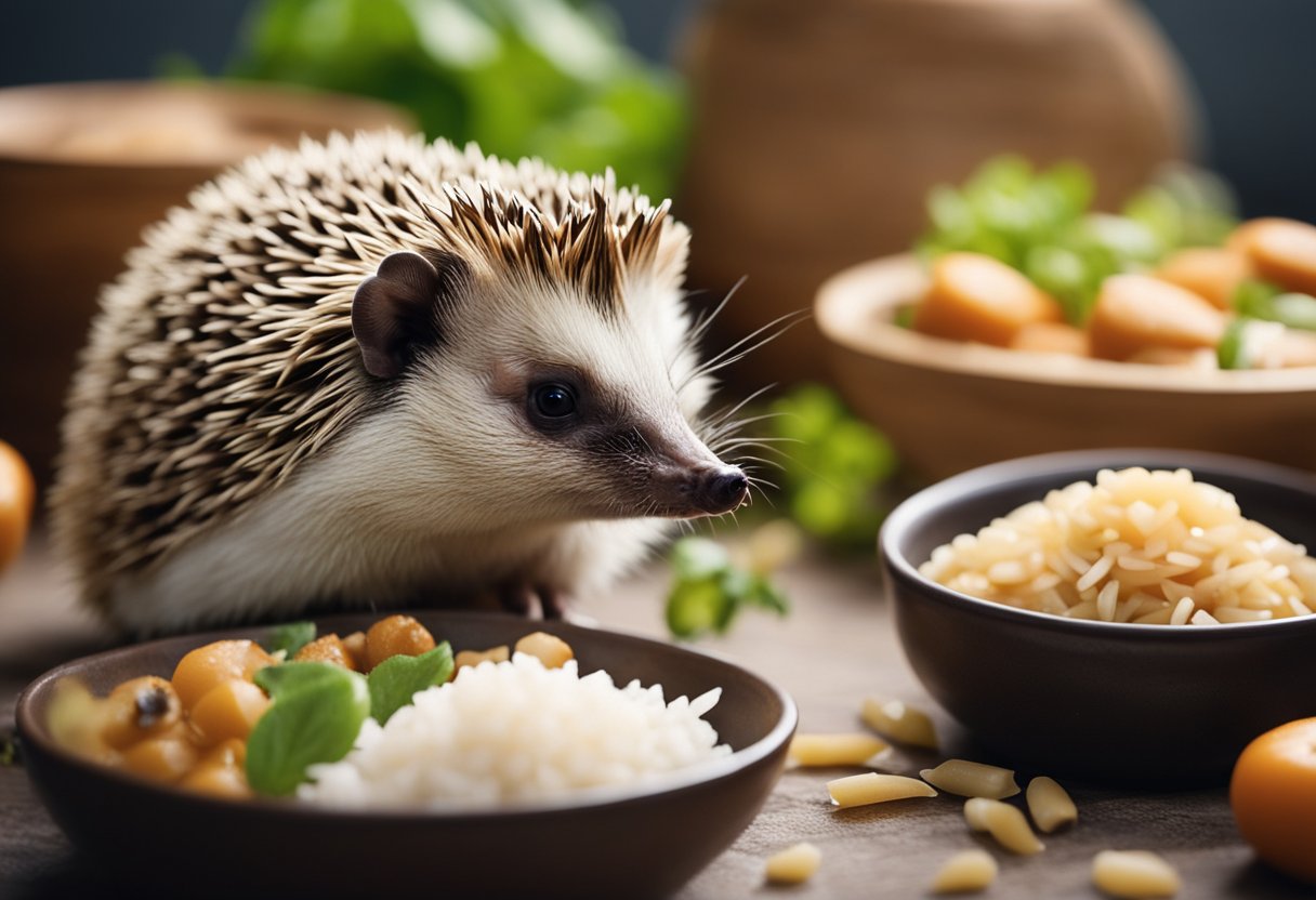 A hedgehog is surrounded by various food items, including a bowl of rice. The hedgehog is sniffing the rice with curiosity