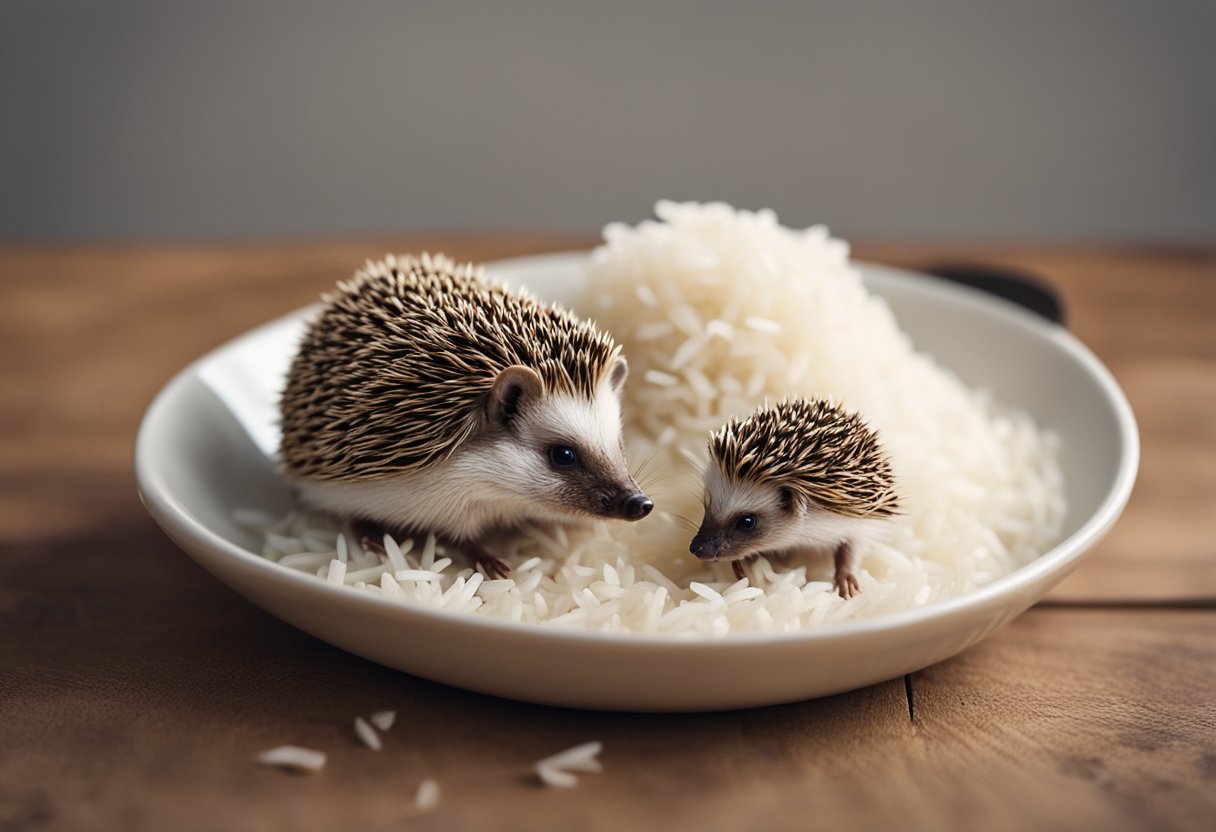 A hedgehog sits beside a small bowl of cooked rice, sniffing it cautiously. Its quills are raised in curiosity as it considers the new food option