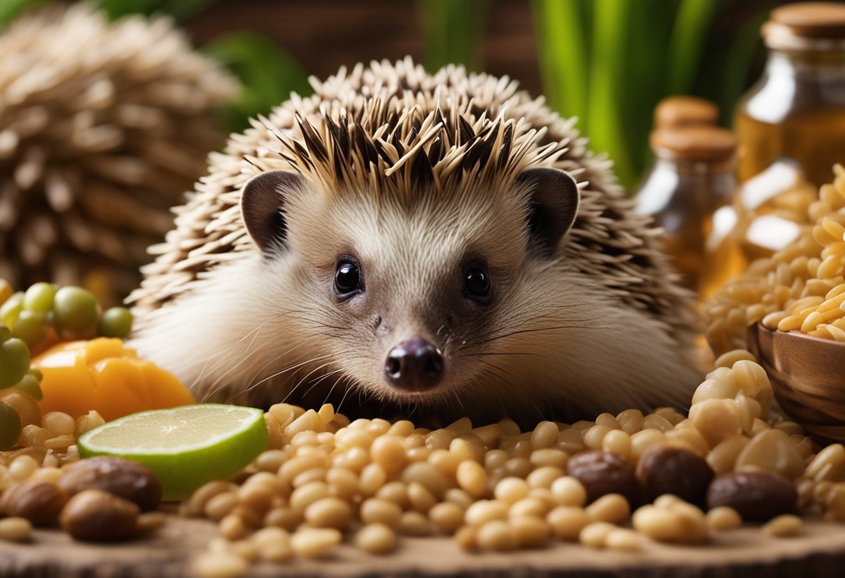 A hedgehog surrounded by a variety of food items, including rice, with a curious expression on its face as it sniffs the grains