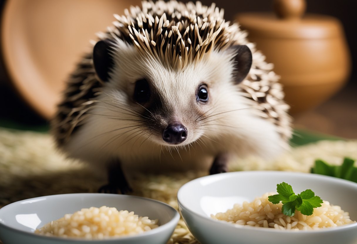 A hedgehog sits in front of a bowl of rice, sniffing and cautiously nibbling on a few grains
