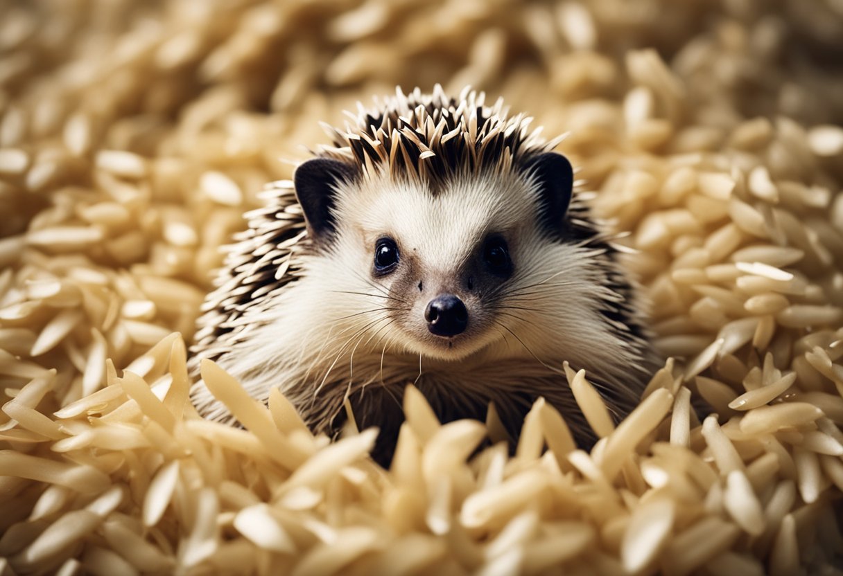 A hedgehog surrounded by a pile of rice, with a question mark hovering above its head