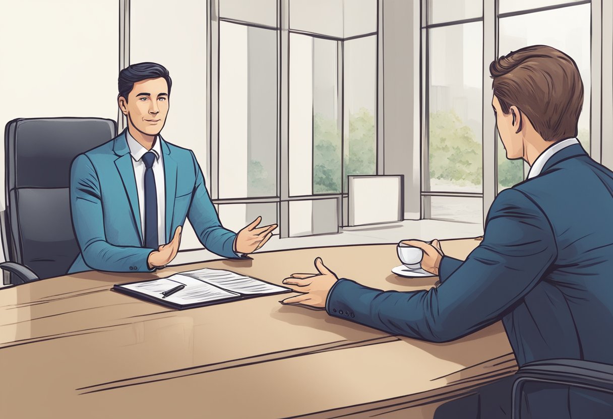 A confident candidate sits across from the interviewer, maintaining eye contact and using expressive hand gestures to emphasize key points. The candidate's posture exudes professionalism and confidence, leaving a positive impression on the interviewer