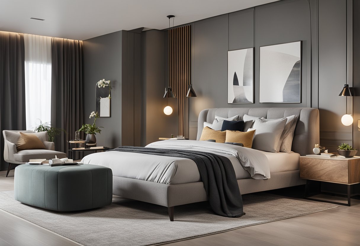 A spacious, modern master bedroom with a cozy color scheme, large windows, and a stylish bed with luxurious bedding. The room features ample storage and a sleek, minimalist design