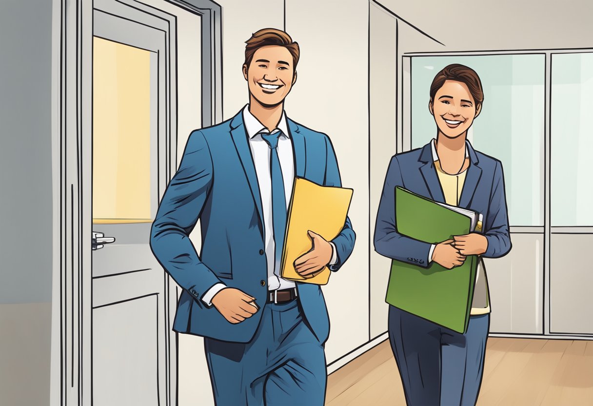 A confident candidate leaving an interview room with a smile, holding a folder of documents, while the interviewer nods approvingly