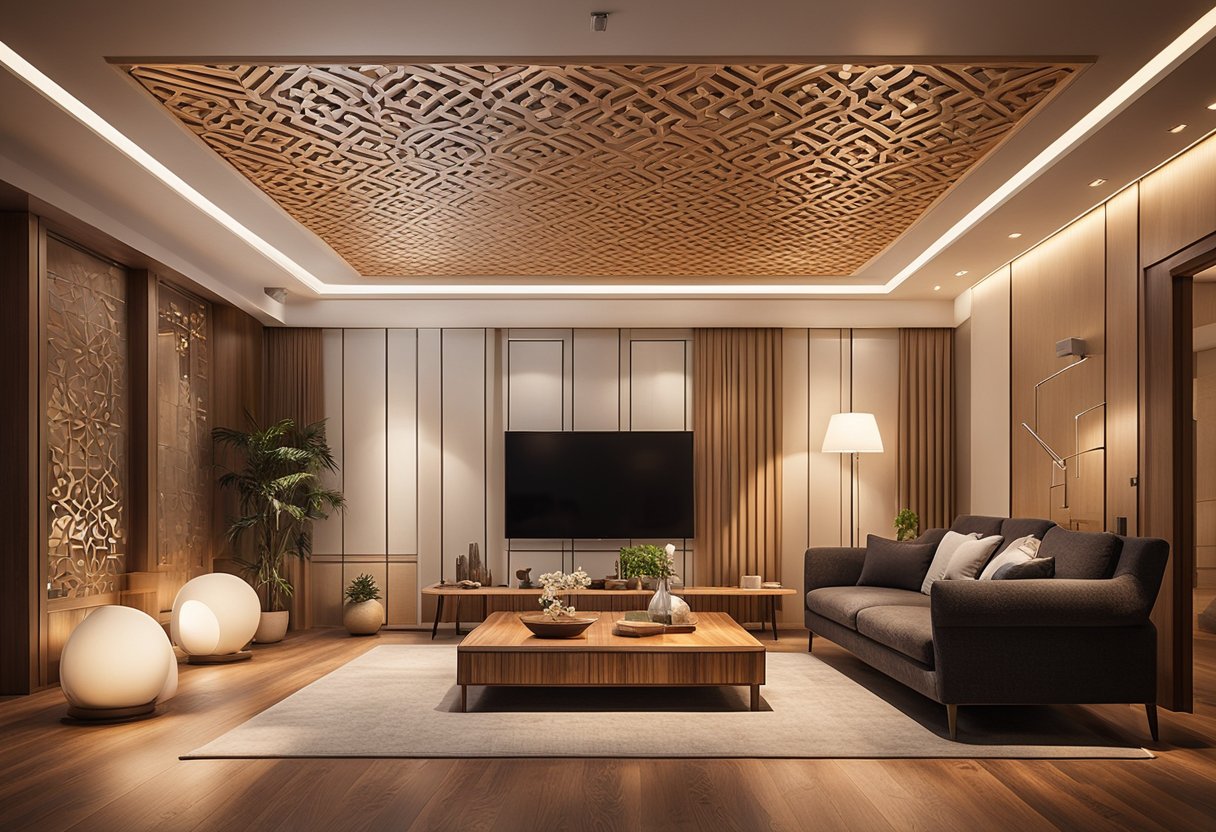 A cozy living room with intricate wooden false ceiling designs, featuring geometric patterns and carved details, illuminated by warm ambient lighting