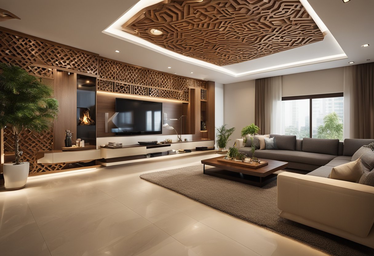A spacious living room with intricate wooden false ceiling designs, casting unique patterns of light and shadow