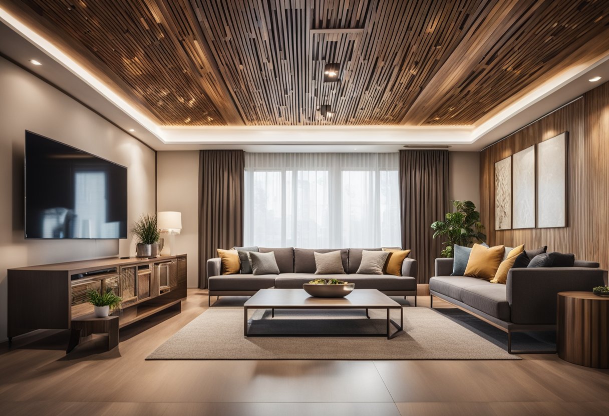 A spacious living room with a wooden false ceiling design, featuring intricate patterns and warm lighting. Considerations for acoustics and maintenance are evident in the design