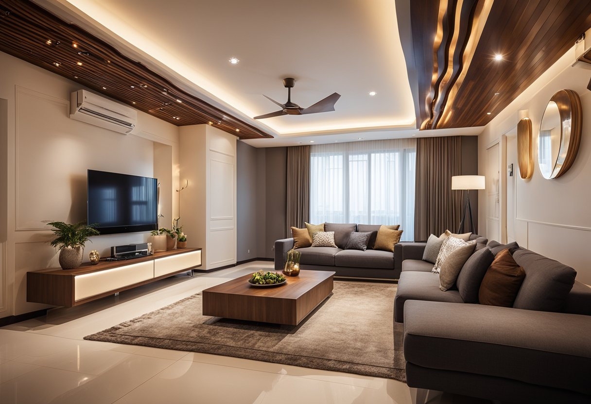 A cozy living room with a stylish wooden false ceiling, featuring intricate designs and warm lighting