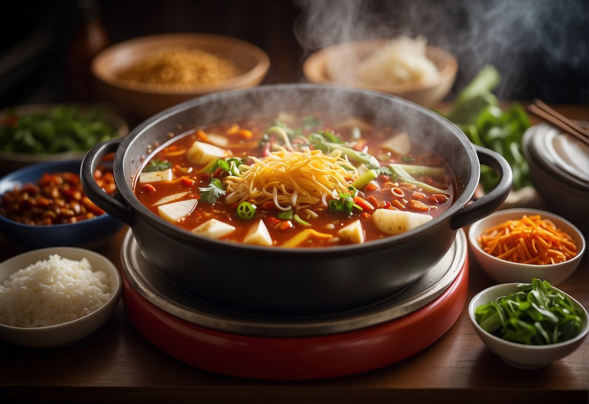 A bubbling pot of spicy Sichuan hotpot sits atop a table surrounded by colorful plates of fresh vegetables, tofu, and thinly sliced meats. Steam rises from the pot, filling the air with the mouthwatering aroma of Sichuan spices