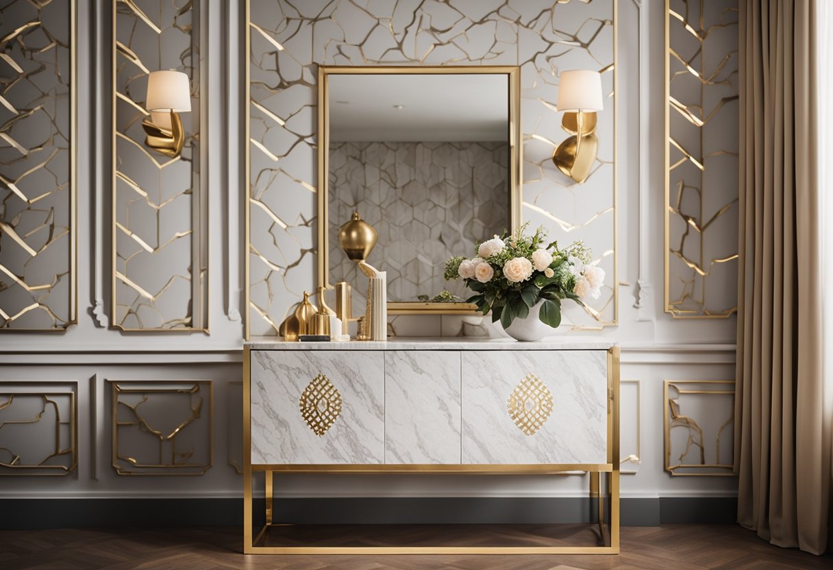 A sleek console table with a marble top and gold accents sits against a patterned wallpaper backdrop in a well-lit living room
