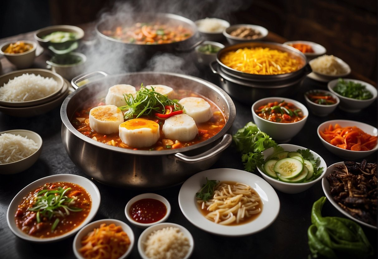 A table is set with steaming hotpots, surrounded by plates of fresh ingredients and bottles of spicy sauces. The menu is displayed prominently, showcasing the variety of options available at Happy House Sichuan Kitchen