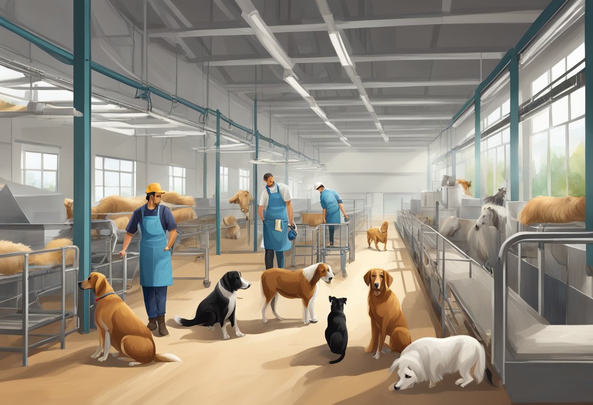 A group of animals, including dogs, cats, and horses, are being cared for and trained by workers in a clean and spacious facility