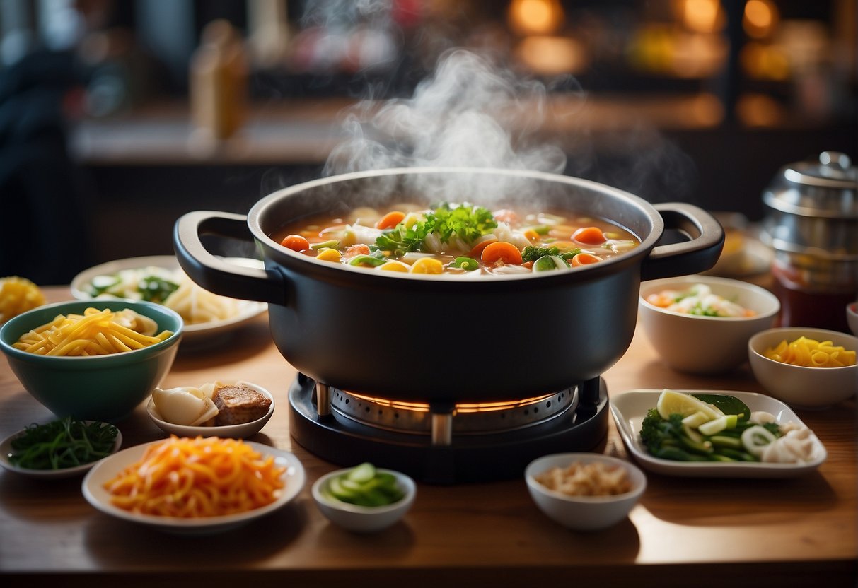 A bubbling hotpot sits on a table surrounded by colorful ingredients and steaming broth, with the restaurant's logo prominently displayed in the background