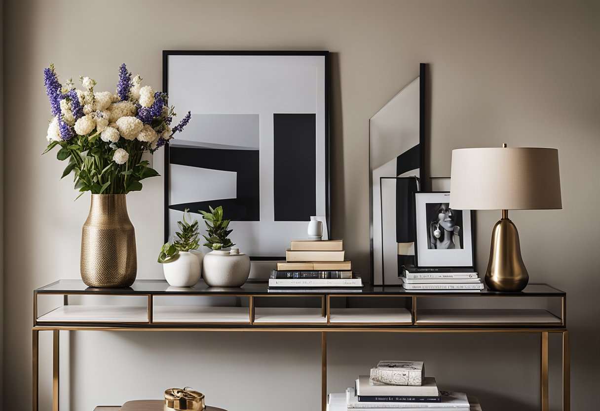 A console table with a sleek, modern design sits against a neutral-colored wall in a well-lit living room. It is adorned with a carefully curated selection of decorative items, including a vase of fresh flowers, a stack of art books, and a