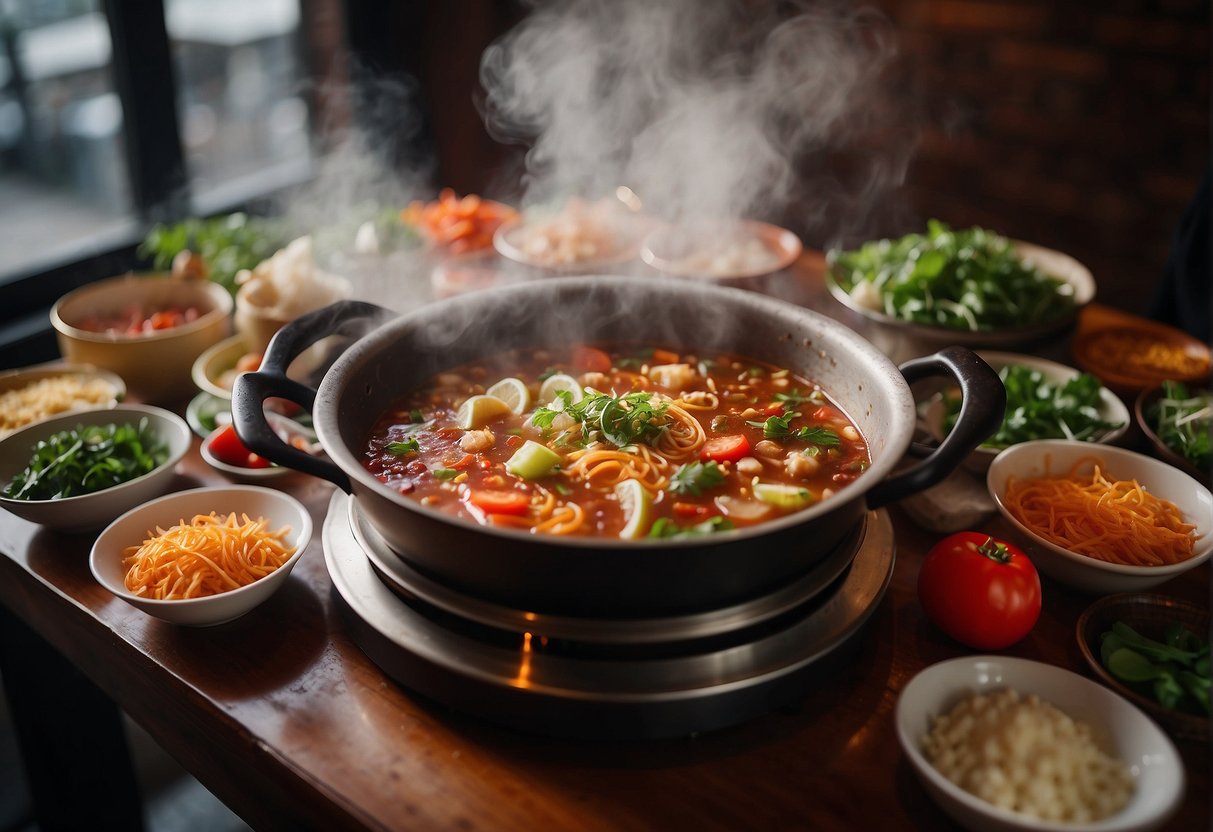 A bubbling pot of spicy Sichuan hotpot sits on a table at Happy House, surrounded by colorful ingredients and steam rising into the air
