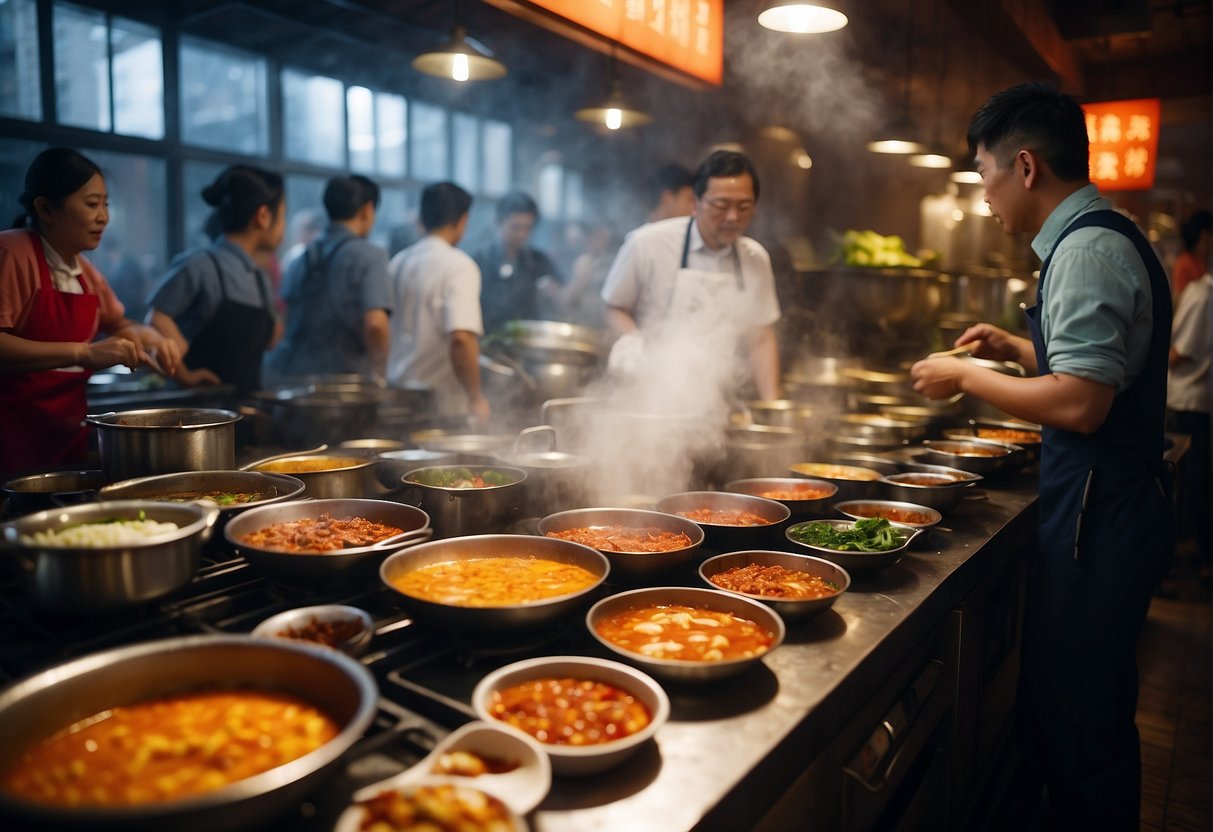 A bustling restaurant with steaming hotpots, colorful ingredients, and a vibrant atmosphere. Customers eagerly ask questions and enjoy the spicy Sichuan cuisine