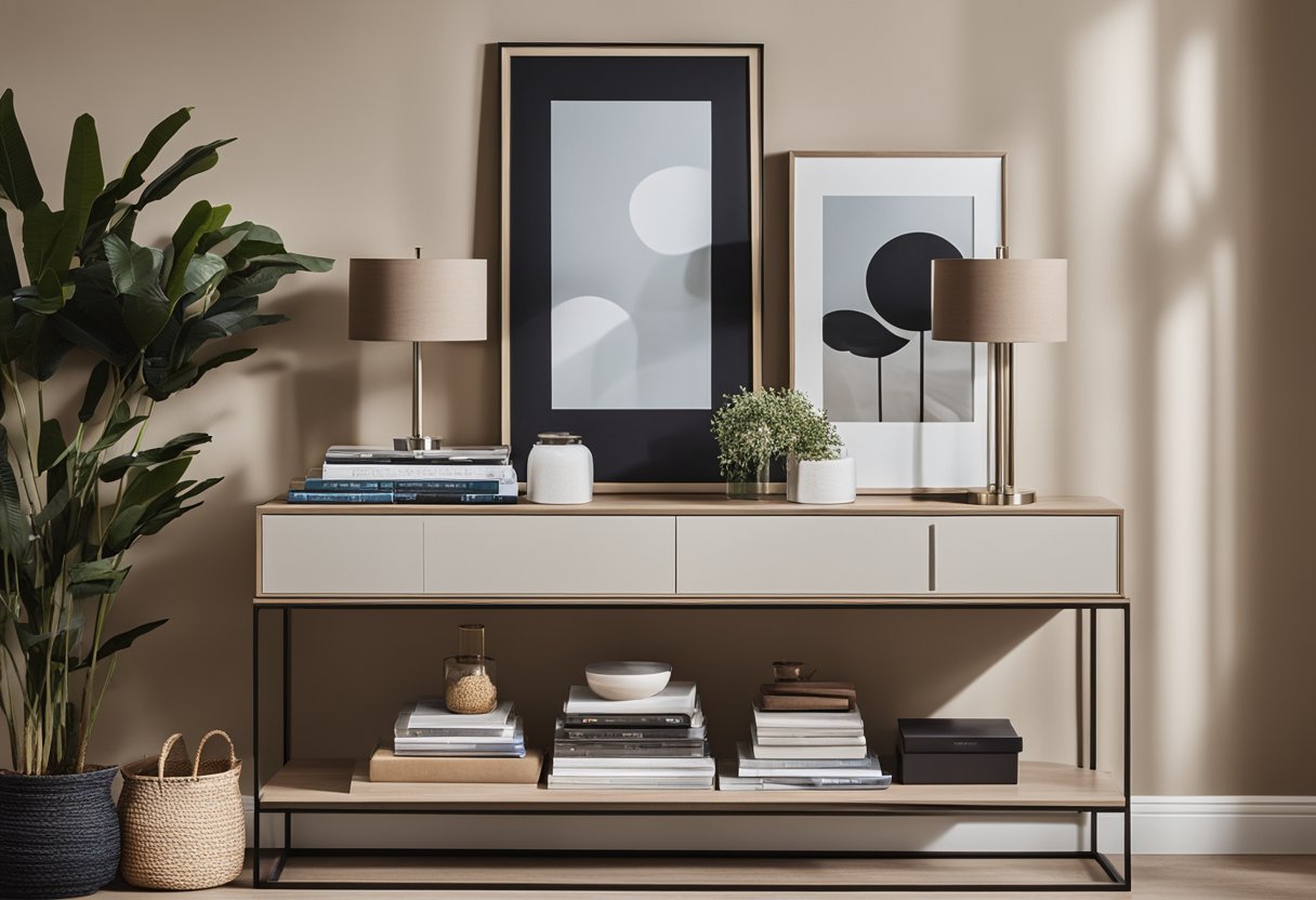 A sleek, modern console table sits against a neutral-colored wall in a well-lit living room, with a stack of neatly arranged design magazines on top