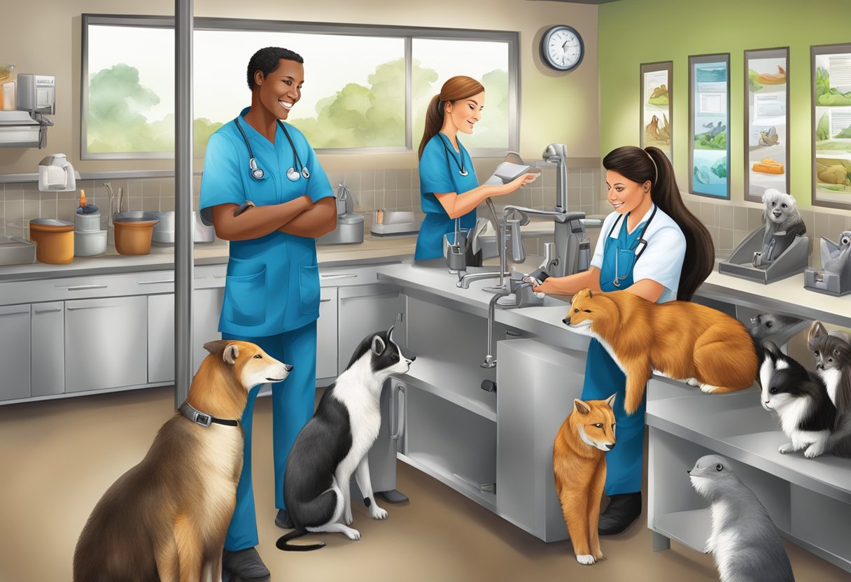 A variety of animals in different work settings, such as a veterinarian clinic, zoo, or wildlife sanctuary, showcasing high-paying contracting jobs