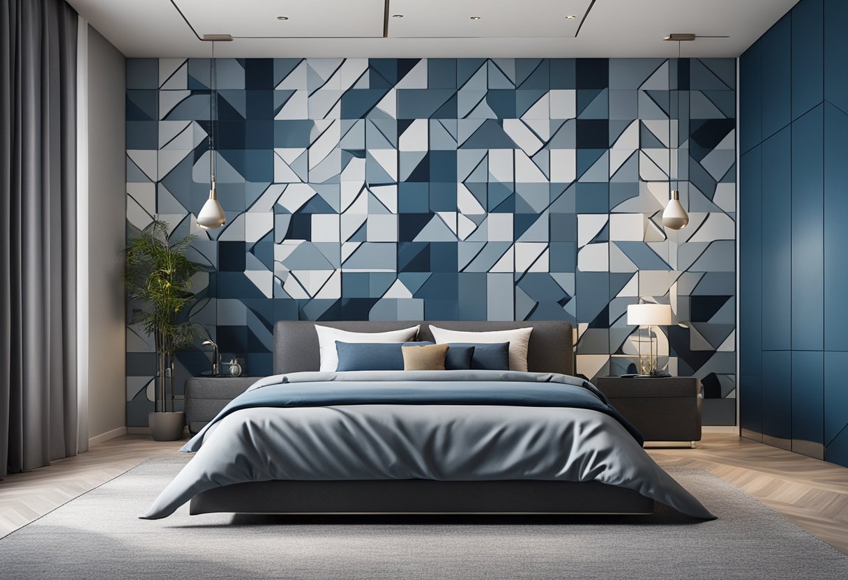 The master bedroom features a bold geometric patterned wall in shades of blue and grey, with a sleek and modern design